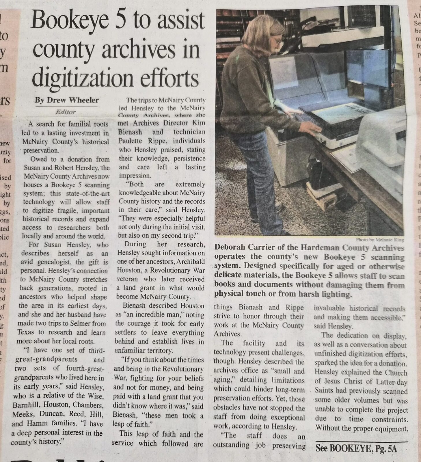 McNairy County News article about the Bookeye 5 scanner at McNairy County Archives