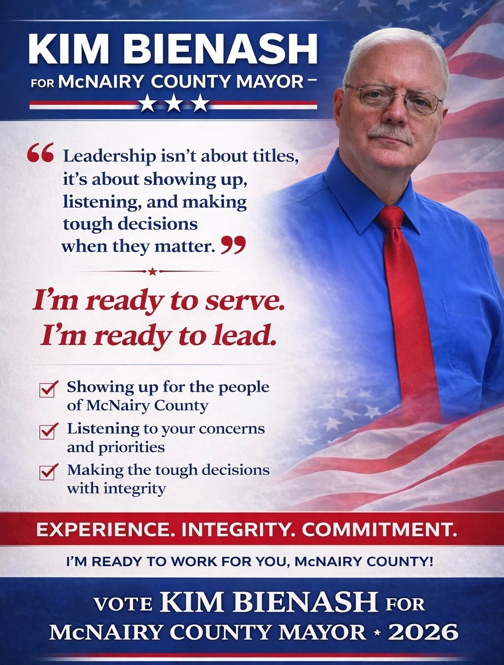 Kim Bienash – Ready to Serve, Ready to Lead campaign graphic
